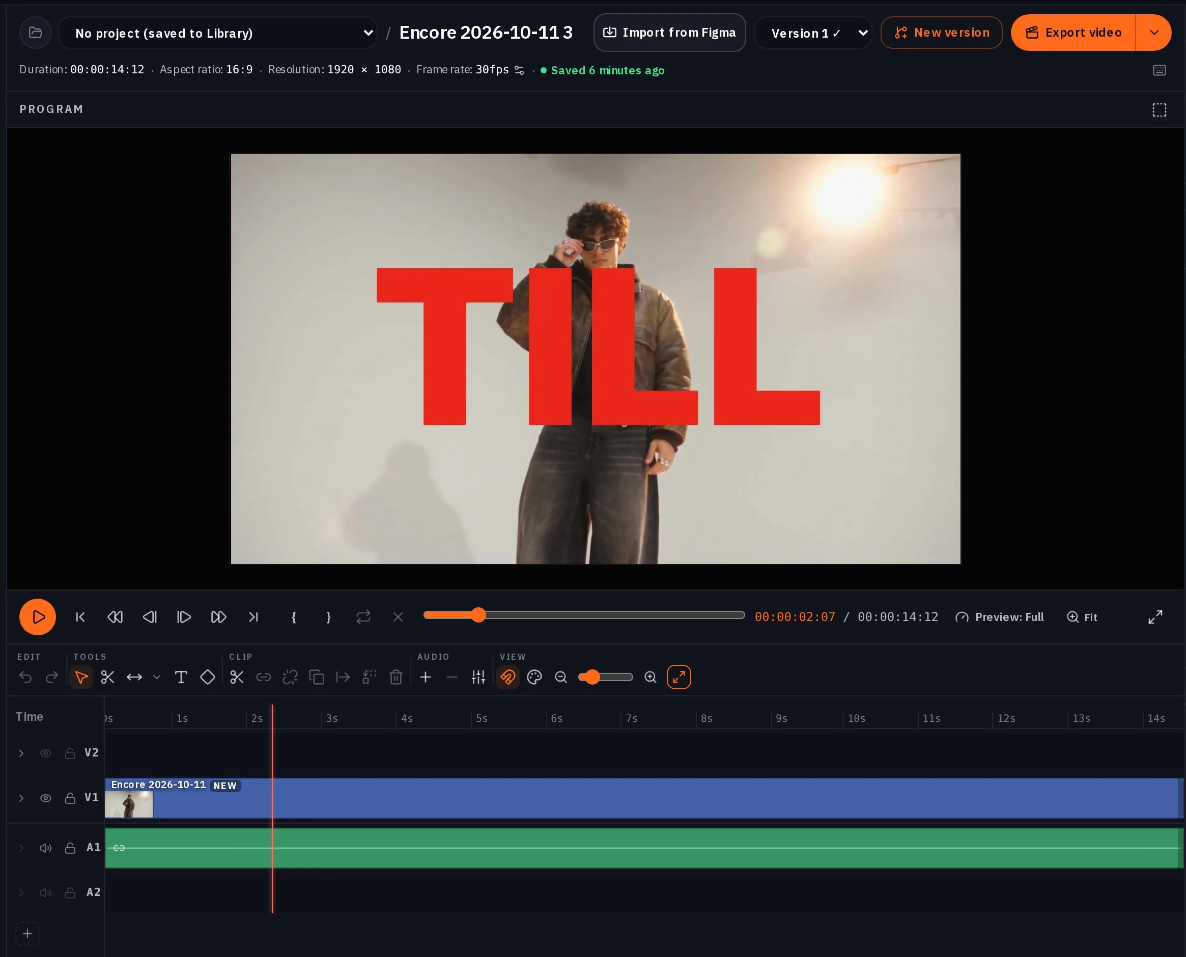 The remake open in Studio: the program monitor with Teo and the word TILL, and the timeline with the video and its sound