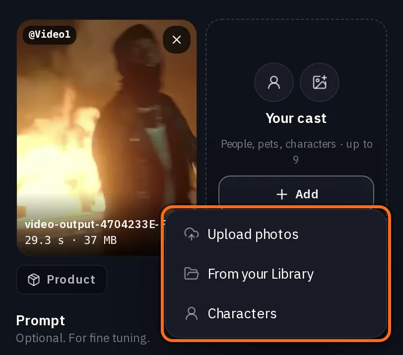 The Your cast panel with its Add menu open, offering Upload photos, From your Library and Characters, beside the clip tagged @Video1