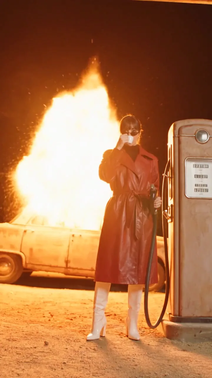 Juno at a desert gas station at night sipping an espresso while the car behind her explodes into a fireball, then hanging the fuel nozzle back on the pump