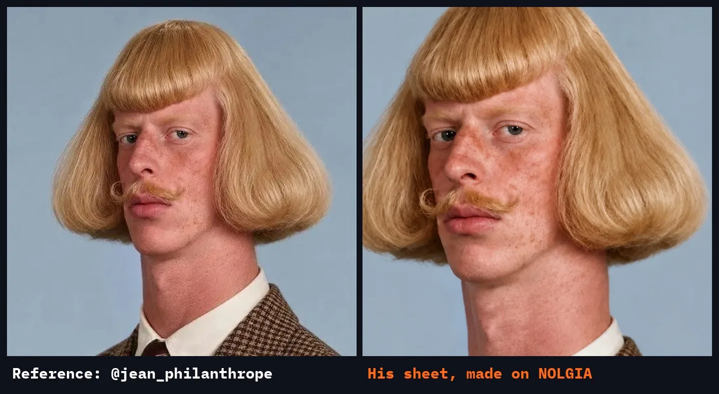 Side by side: the close-up reference photo of Jean Phil and the close-up from his NOLGIA sheet, the same bob, freckles and curled mustache