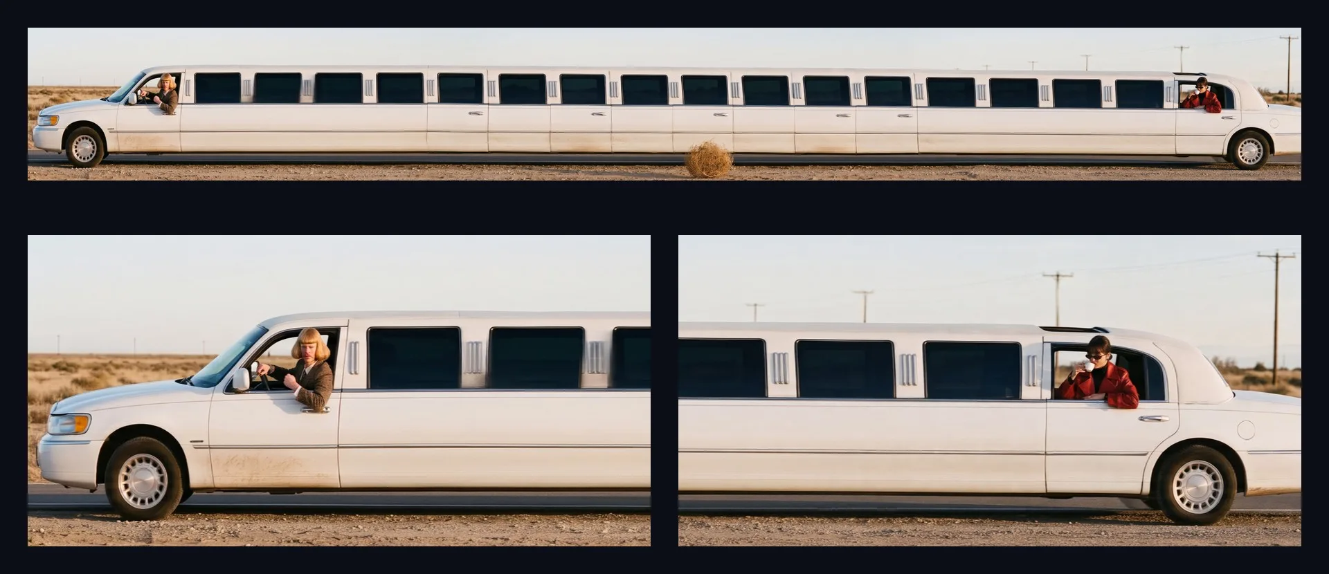 Uma limusine branca alongada com dezenas de janelas em uma imagem ultra larga do deserto, Jean Phil ao volante em uma extremidade e Juno na última janela na outra, e abaixo, as duas extremidades recortadas maiores