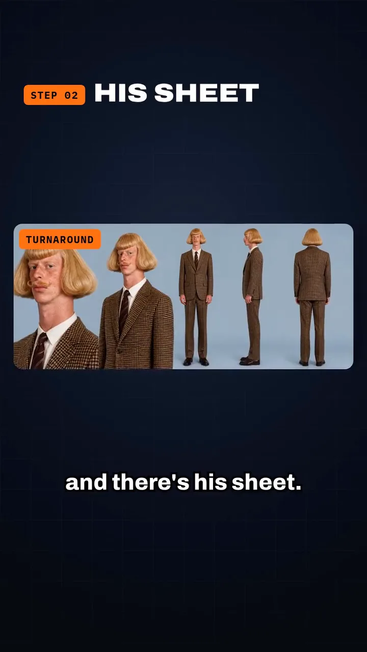 The reel, part two: his four reference photos, the Characters form, his sheet next to a reference, an episode, then the host in a barbershop where his bob is measured with a ruler