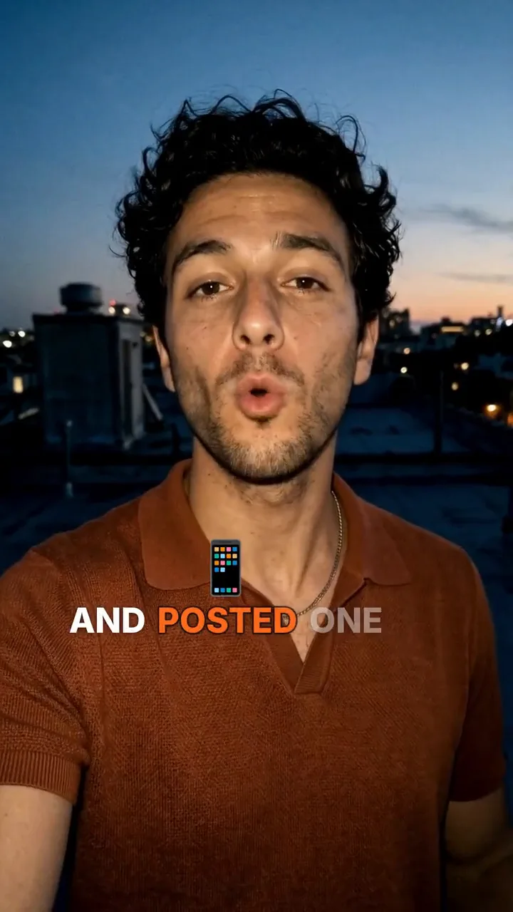 Leo Marsh, an AI character with dark curly hair in a rust polo, talking to the camera on a rooftop at dusk, with white karaoke captions that light word by word in orange and a phone emoji popping beside one line