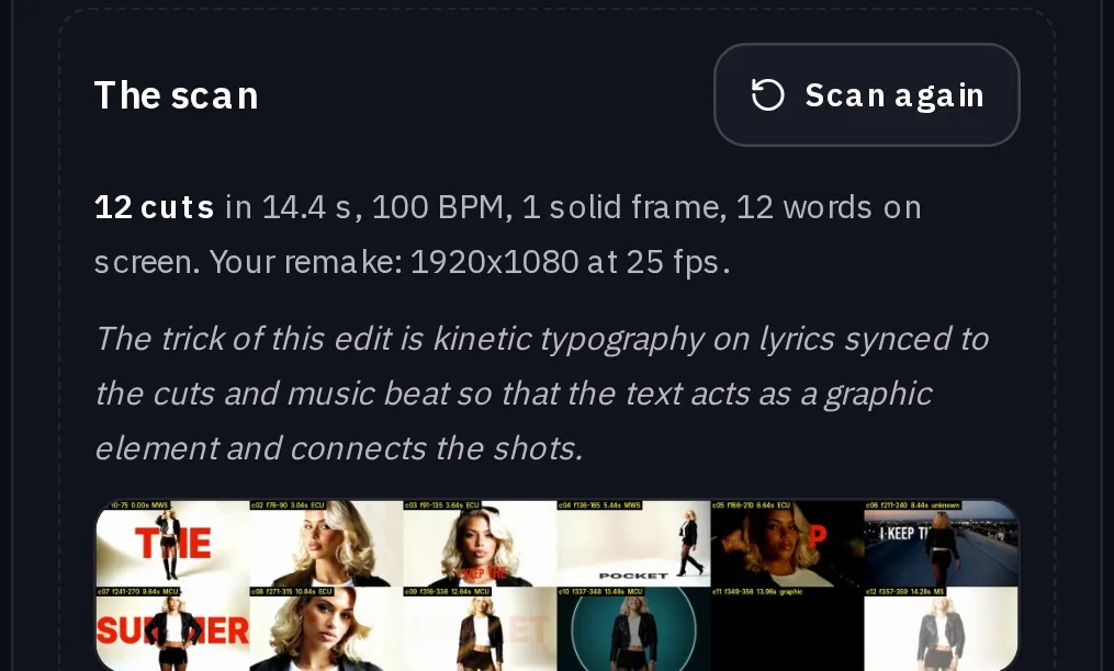 The scan result: 12 cuts in 14.4 seconds at 100 BPM, 12 words on screen, a 1920 by 1080 remake at 25 fps, and a strip of the edit's frames