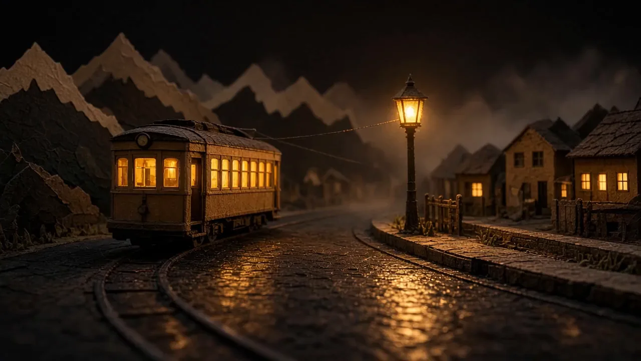 Un villaggio diorama di carta di notte, un piccolo tram di carta con finestre luminose che passa accanto a una stazione con un orologio.