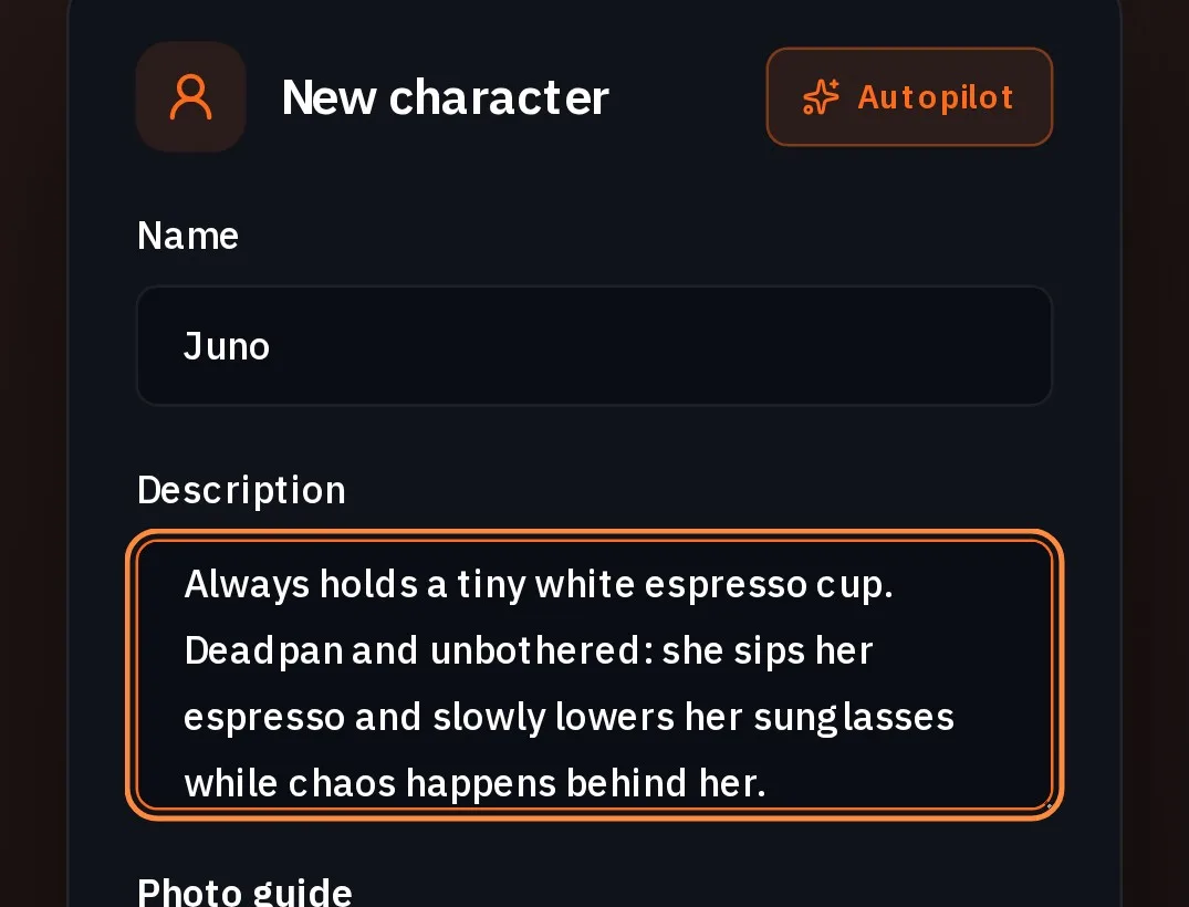 The New character form with the name Juno and her description
