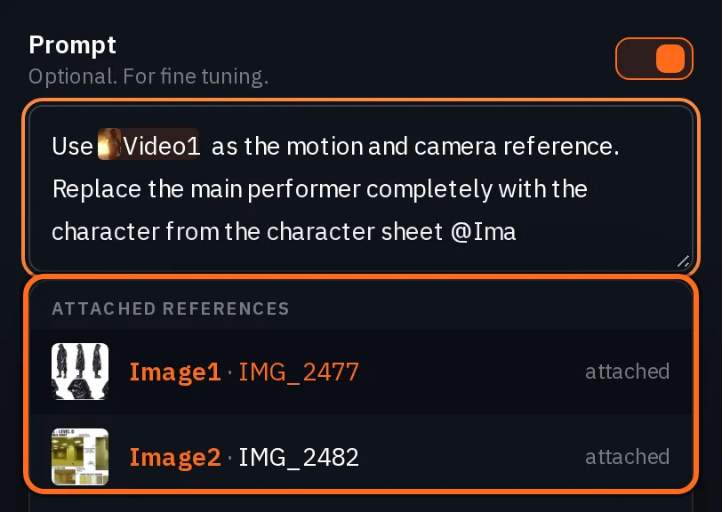 The prompt box with a @Video1 chip already in the text and @Ima being typed, and the list below it showing Image1 with the character sheet and Image2 with the location sheet, both marked attached