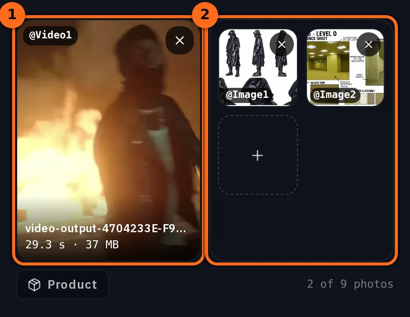 The clip tagged @Video1 next to Your cast holding two pictures: the character sheet tagged @Image1 and the Backrooms location sheet tagged @Image2, with the count reading 2 of 9 photos