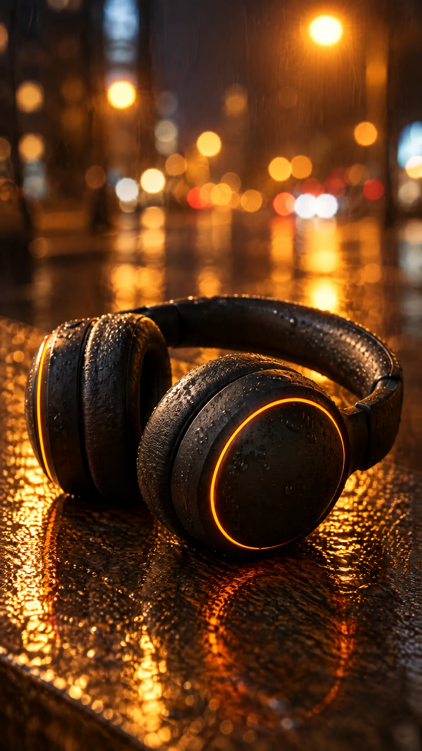 Primer plano de los auriculares cubiertos de gotas de lluvia, con reflejos de farolas ámbar y bokeh de la ciudad al fondo, formato vertical.