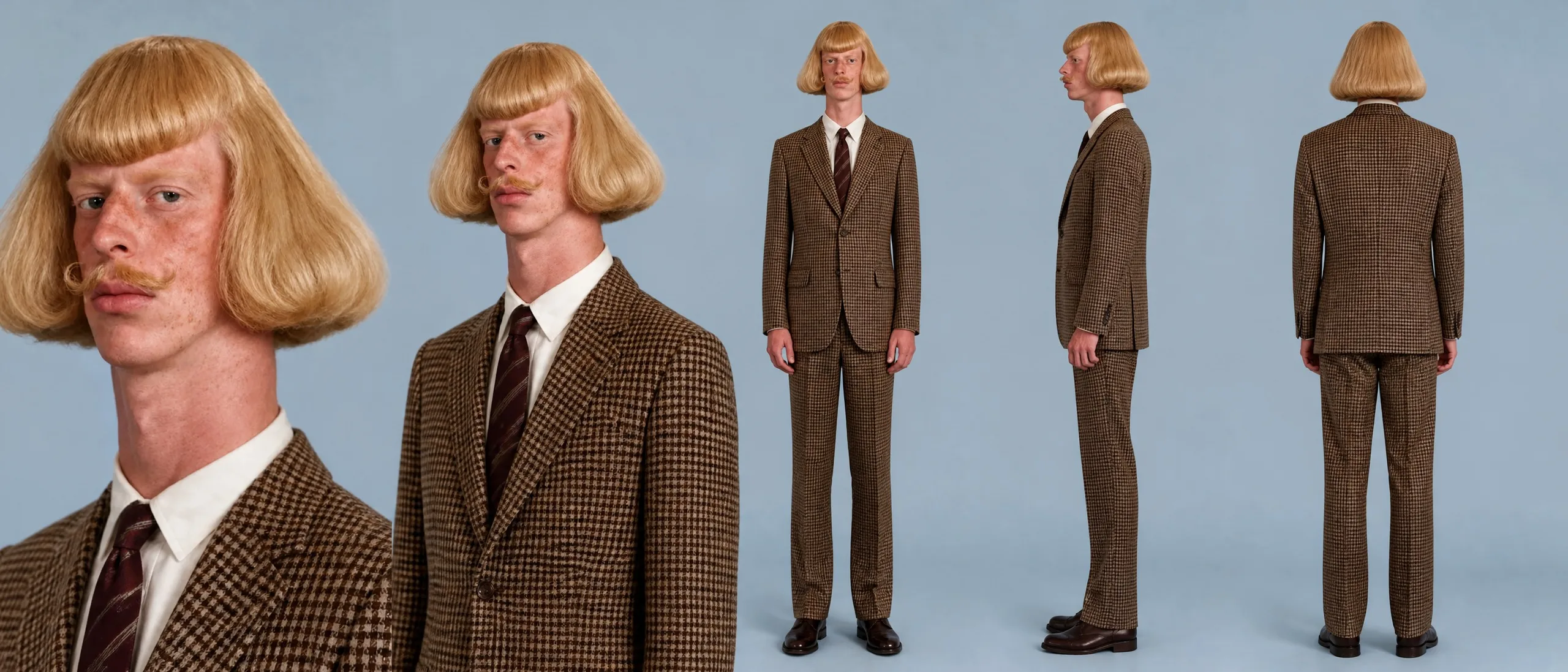Jean Phil's turnaround sheet: a close-up, a three-quarter bust, a full length front view, a profile and a back view, the same blond bob, mustache and houndstooth suit in each
