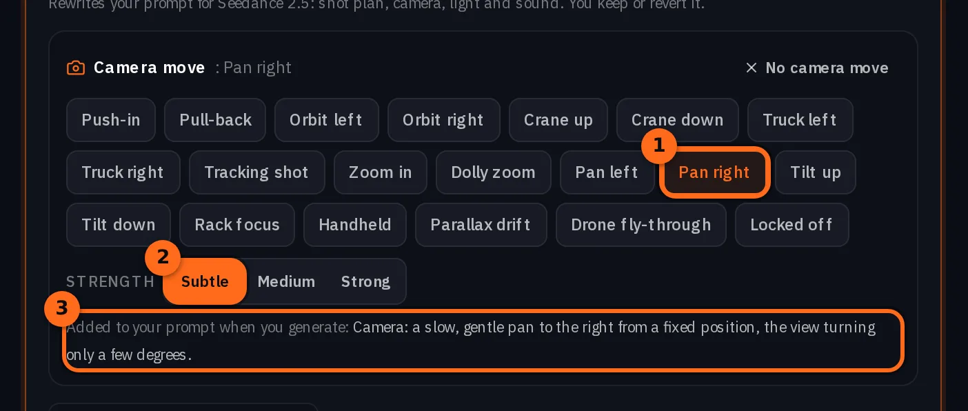 A linha Camera move no compositor de vídeo com três marcas numeradas: Pan right selecionado, a intensidade Subtle e a frase que ela adiciona: um pan lento e suave para a direita a partir de uma posição fixa, a visão girando apenas alguns graus