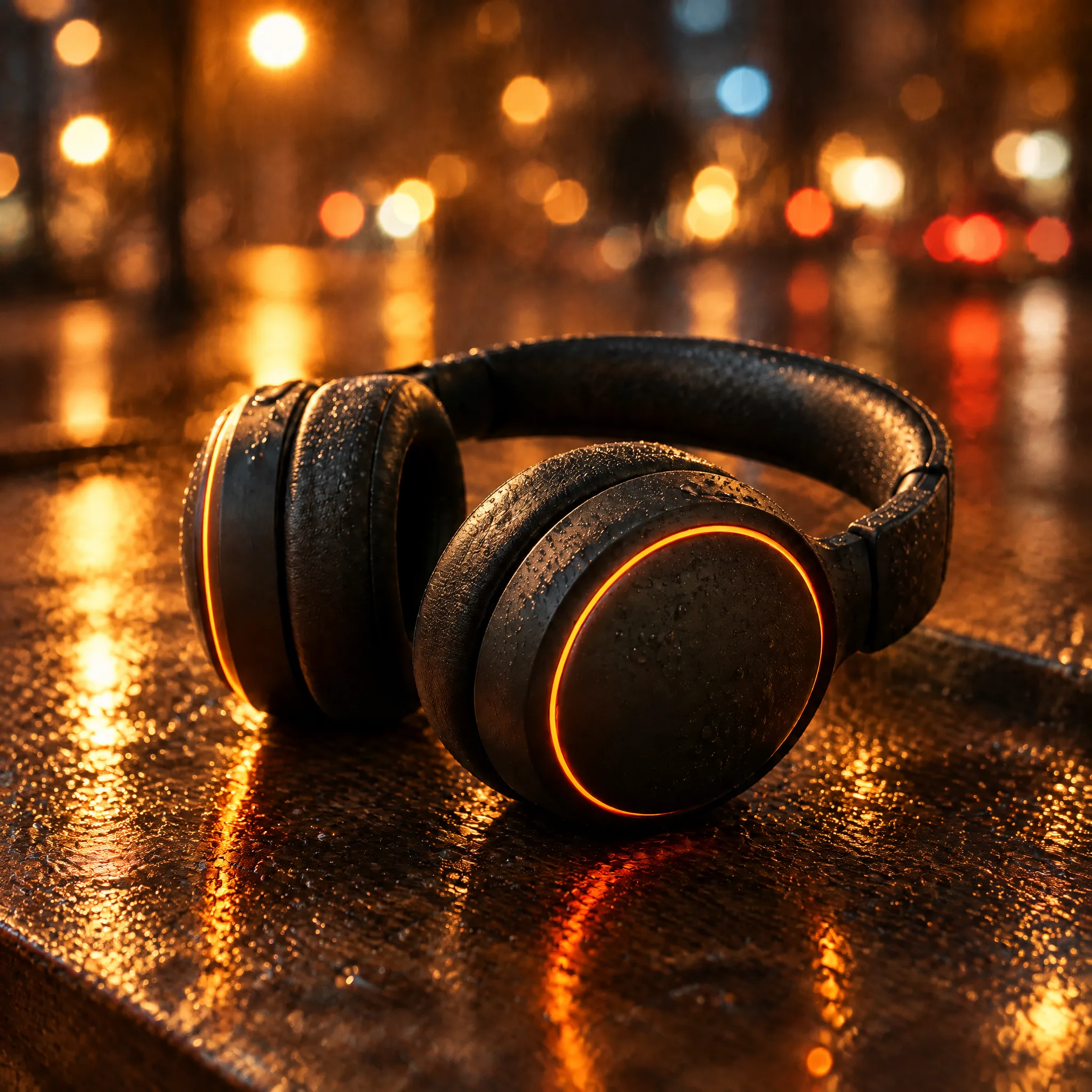 Primer plano de los auriculares cubiertos de gotas de lluvia, con reflejos de farolas ámbar y bokeh de la ciudad al fondo, formato cuadrado.
