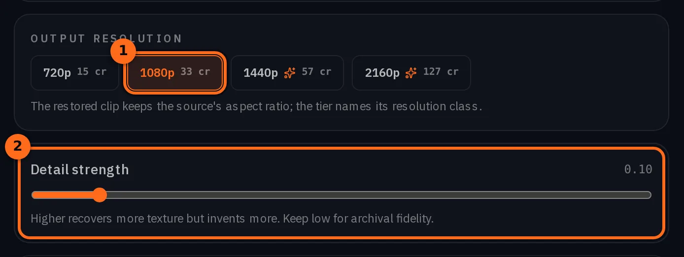 I livelli di Output resolution 720p, 1080p, 1440p e 2160p, ciascuno con il prezzo per la clip, 1080p selezionato, e il cursore Intensità del dettaglio impostato su basso, con la nota che valori più alti recuperano più texture ma ne inventano di più