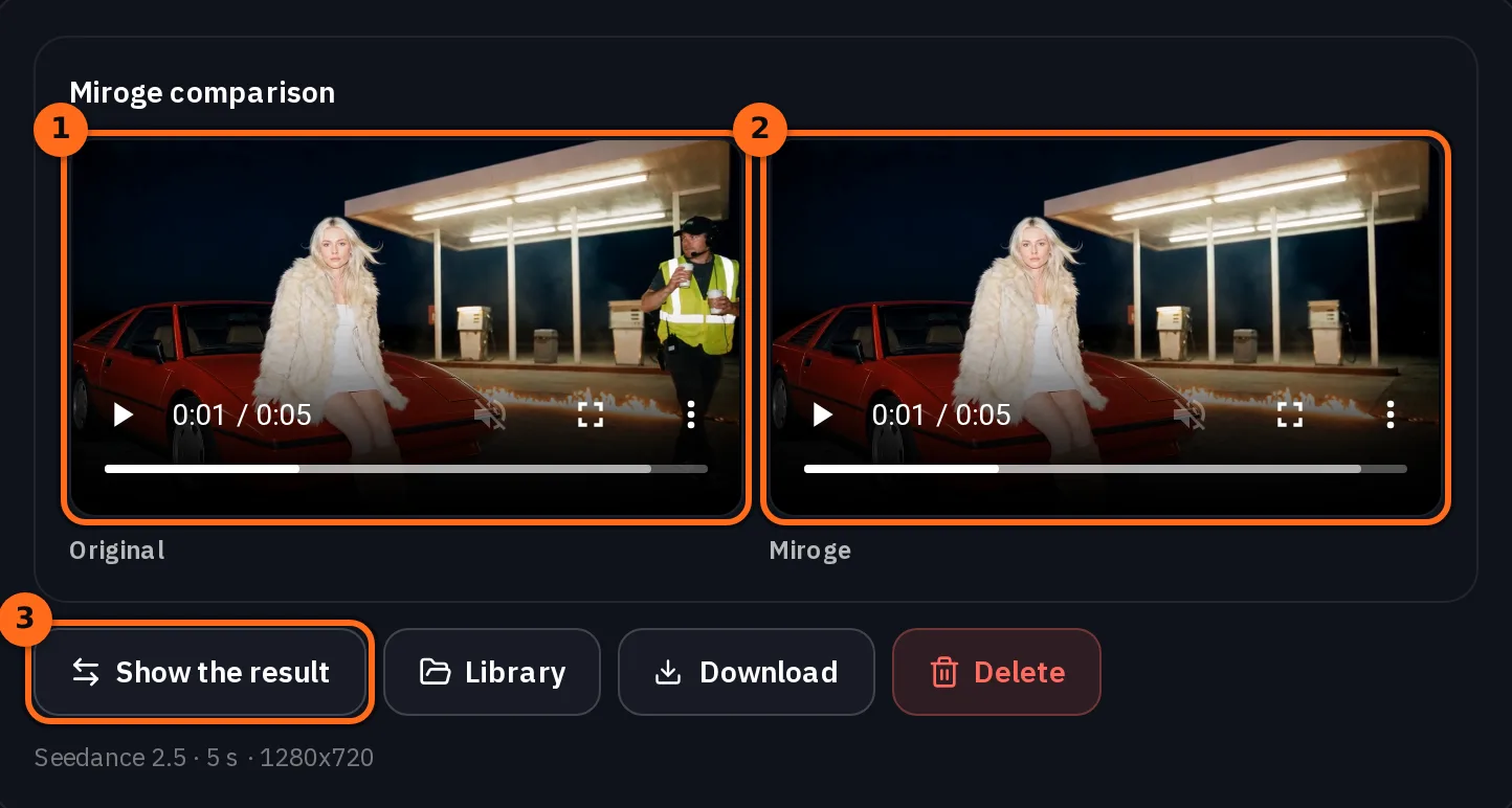 Miroge-Vergleich in der Leinwand: der Original-Clip mit dem Crew-Mitglied in der gelben Weste, das hinter dem Auto geht, und das Seedance 2.5-Ergebnis im selben Moment mit leerer Tankstelle hinter ihr, dann Ergebnis zeigen, Mediathek, Herunterladen und Löschen