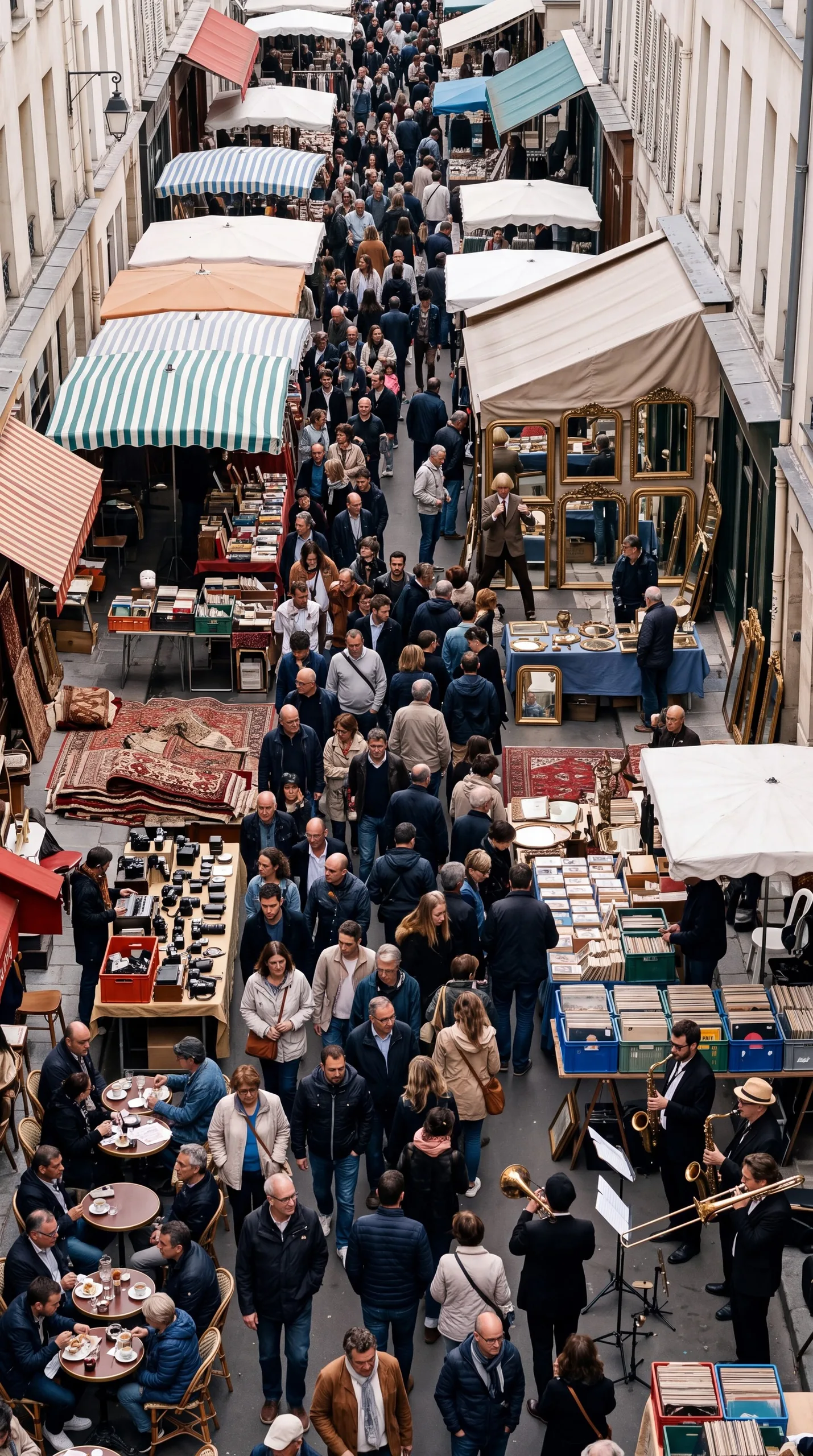 Um mercado de pulgas lotado em Paris visto de uma varanda: centenas de compradores entre toldos listrados, tapetes, espelhos dourados e uma banda de metais, com Jean Phil pequeno entre eles