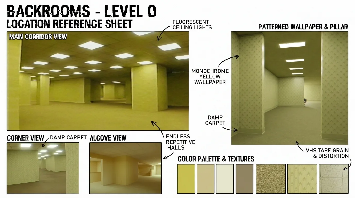 A labeled location sheet titled Backrooms Level 0: a wide yellow office corridor with square pillars and fluorescent ceiling panels, a corner view, an alcove view, patterned yellow wallpaper beside a pillar, and color and texture swatches