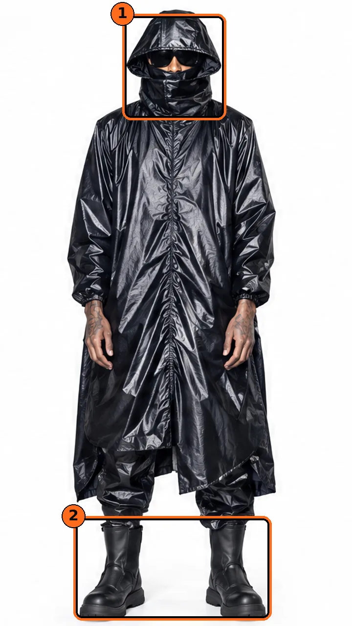 The front view from the character sheet with two numbered boxes: the hood, face covering and dark glasses, and the chunky black boots