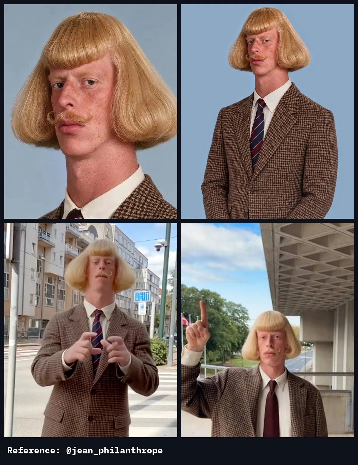 Four photos of Jean Phil: a close-up of his face and blond bob, a waist-up studio portrait in his houndstooth suit, and two street photos, one pointing a finger up and one with his hands raised