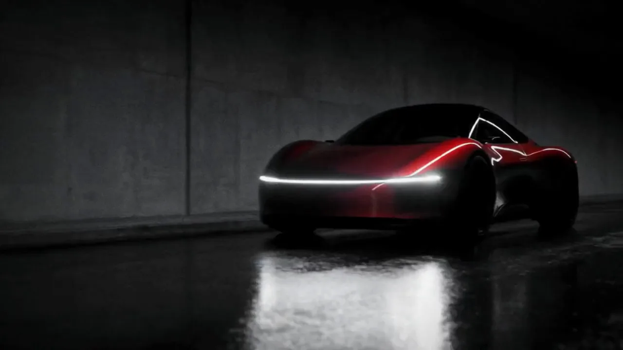 A red sports car revealed in a black studio: line art, the name SOLENNE GT, a wheel spinning, printed pages, a tunnel pass and the headlights lighting up