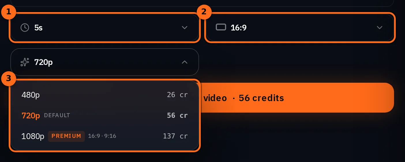 Controles de duración, relación de aspecto y calidad de Seedance 2.5 con el menú de calidad abierto: 480p, 720p como predeterminado y 1080p marcado como premium con 16:9 y 9:16