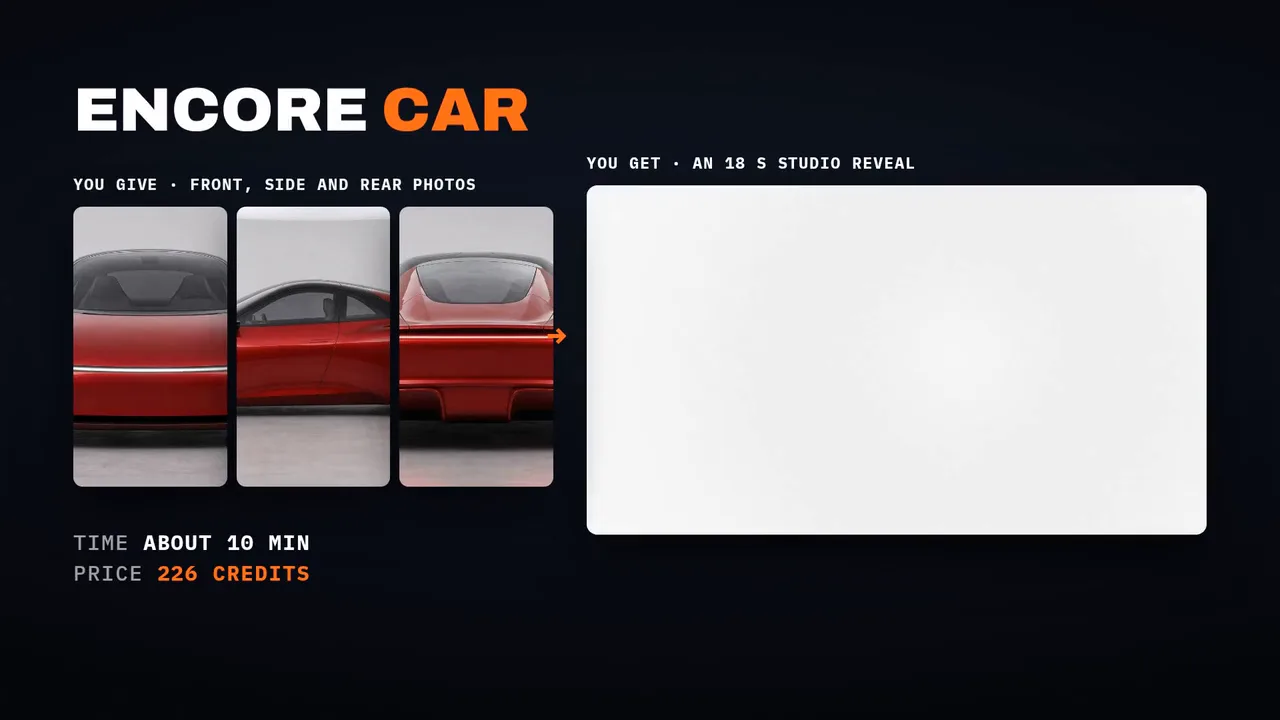 The styles reel, part two: cards for Encore Car, Drop, Travel and Lyric, each showing what you give beside what you get, with the time and the price