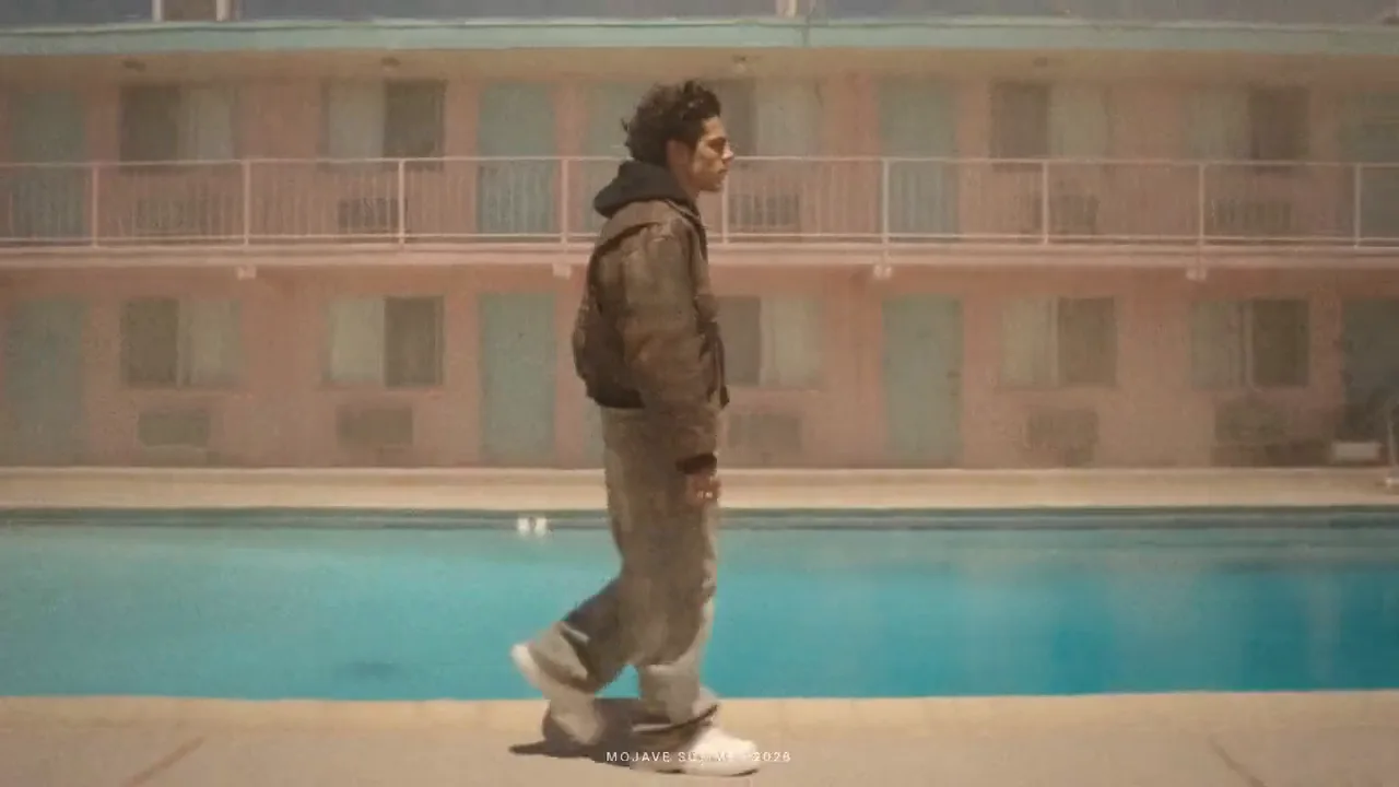 A desert motel at golden hour: a woman by a red convertible as a helicopter lands, a man walking past the pool, flash cuts and smears, and typed words over the shots