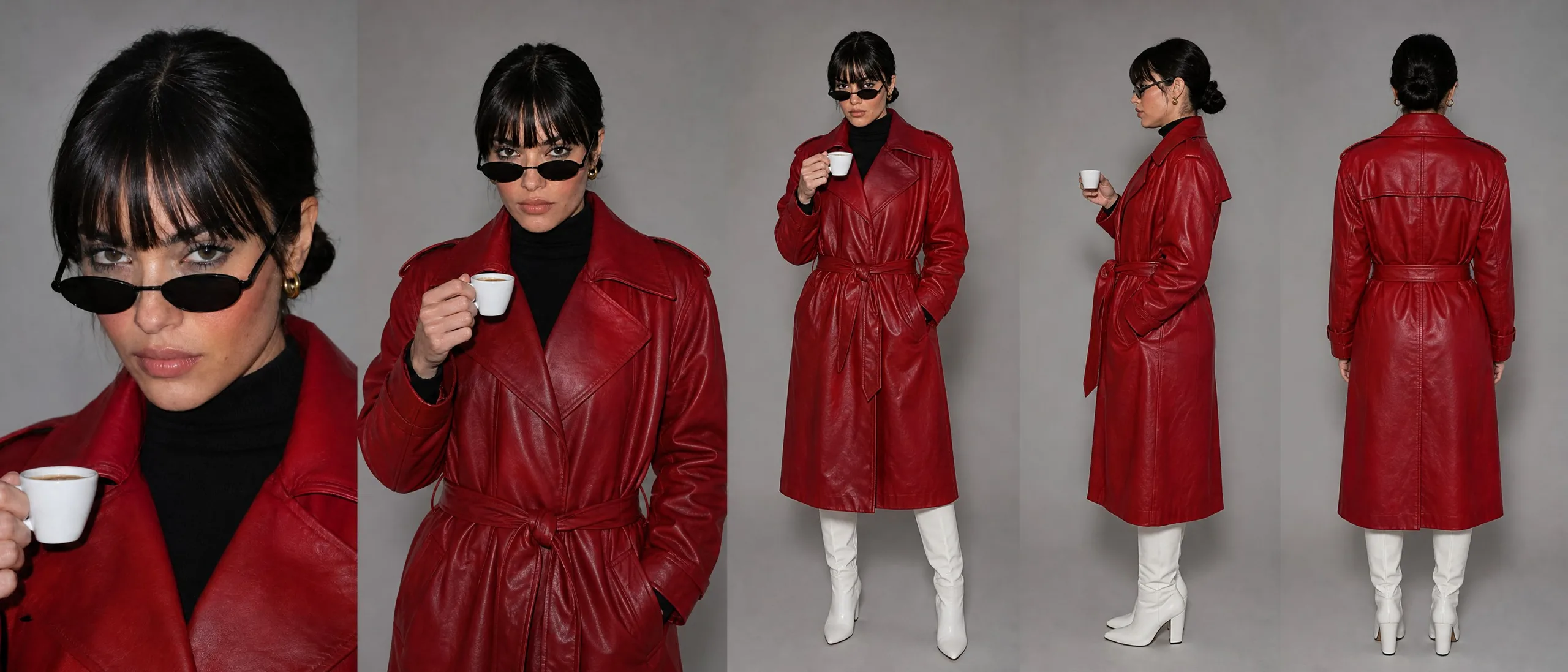 Juno's turnaround sheet: a close-up, a three-quarter bust, a full front view, a profile and a back view, in the red leather trench coat and white knee-high boots