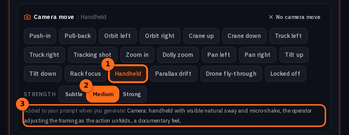 ビデオコンポーザーの「Camera move」行で「Handheld」が「Medium」に設定されており、その下に追加される文が表示されています: Camera: handheld with visible natural sway and micro-shake, the operator adjusting the framing as the action unfolds, a documentary feel