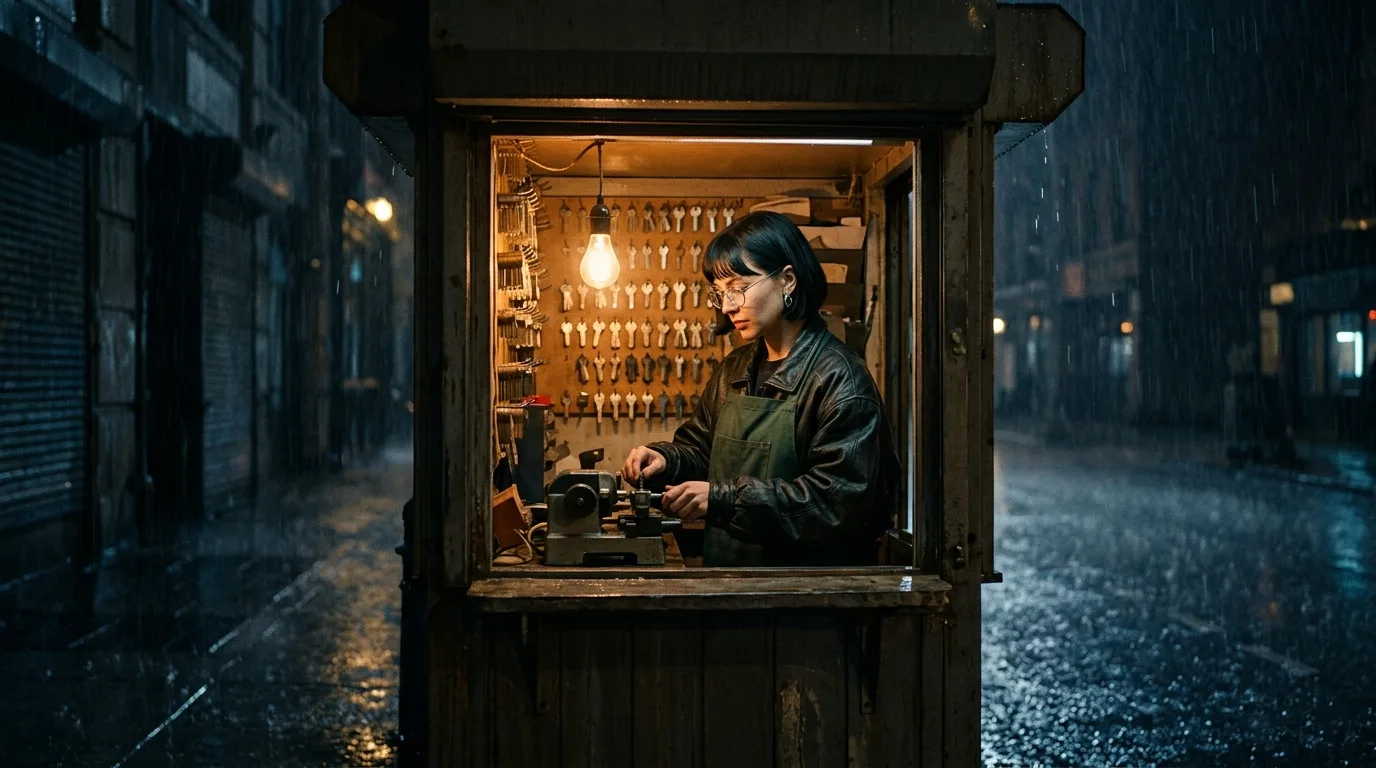 黑暗雨夜街道上,一个在单盏灯泡下发光的小木钥匙亭,里面有一位留着黑色波波头、戴着眼镜的年轻女子正在配钥匙。