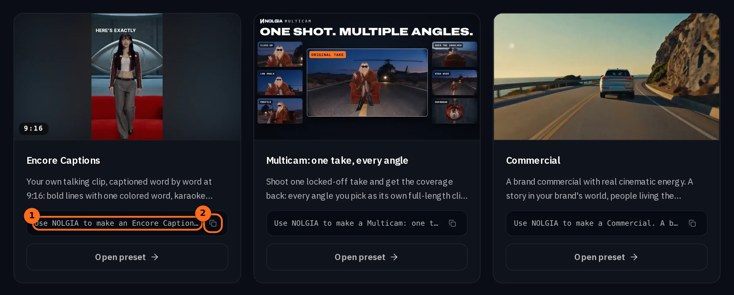 Três cartões de preset na página MCP: Encore Captions, Multicam e Commercial, cada um com uma linha de prompt e um botão de copiar; o prompt e o botão de copiar do Encore Captions estão destacados