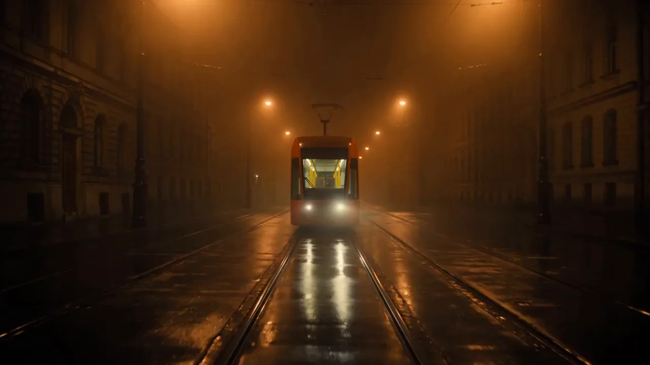 Episodio 1, Il tram che non si ferma mai: il tram vuoto nella nebbia, poi i sedili vuoti all'interno.