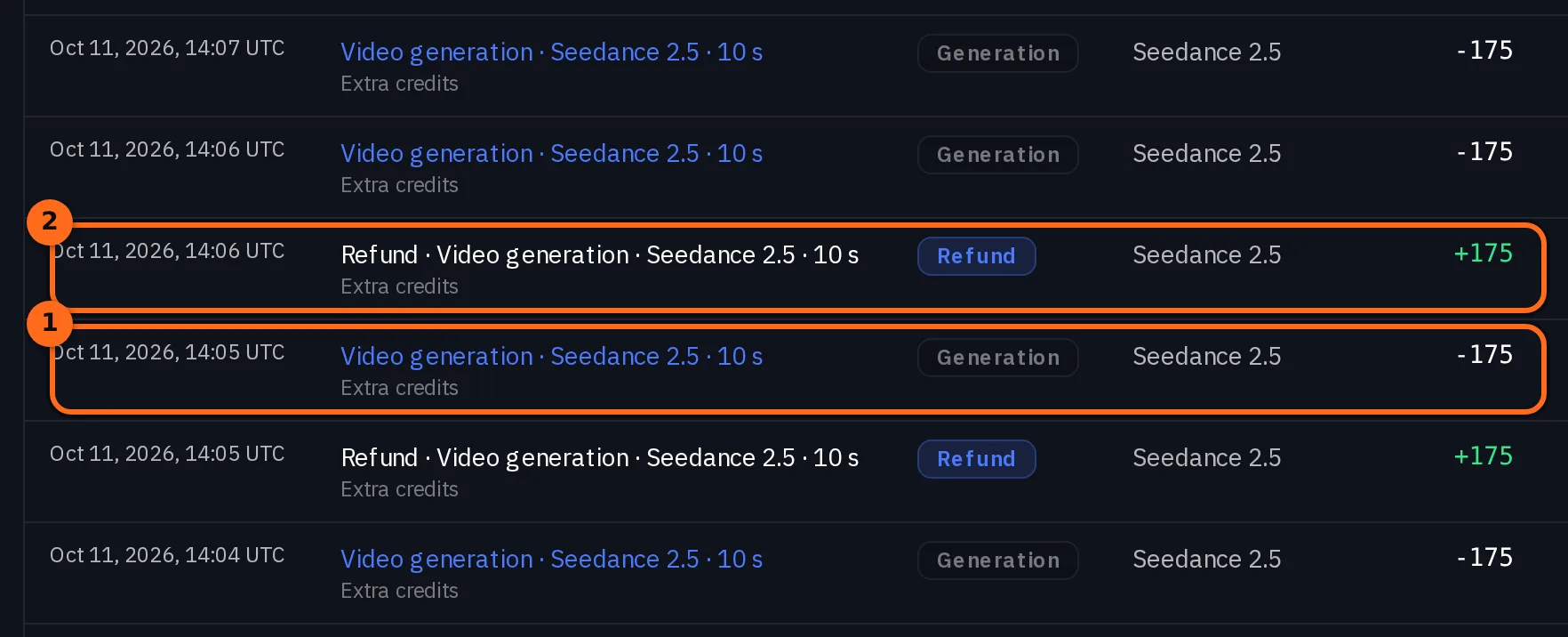 청구 페이지의 사용 내역 목록 행 두 개가 표시되어 있으며, 10초 분량의 Seedance 2.5 동영상 생성 작업이 예약 금액으로 청구된 상태와 그 바로 위에 동일한 금액의 환불 내역이 보입니다.