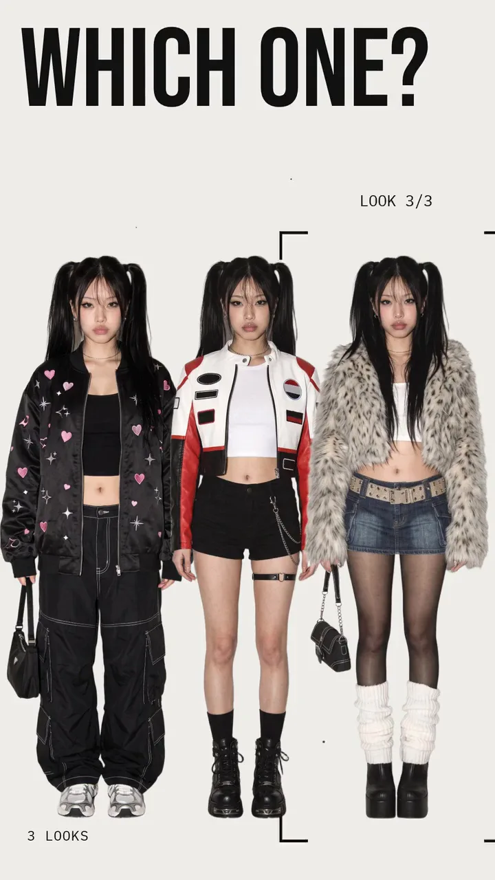 Mika, an AI character with long black pigtails, in three outfits side by side under WHICH ONE?, then walking a street at golden hour in the winner, a black jacket with pink stars, under THIS ONE and PICK ONE.