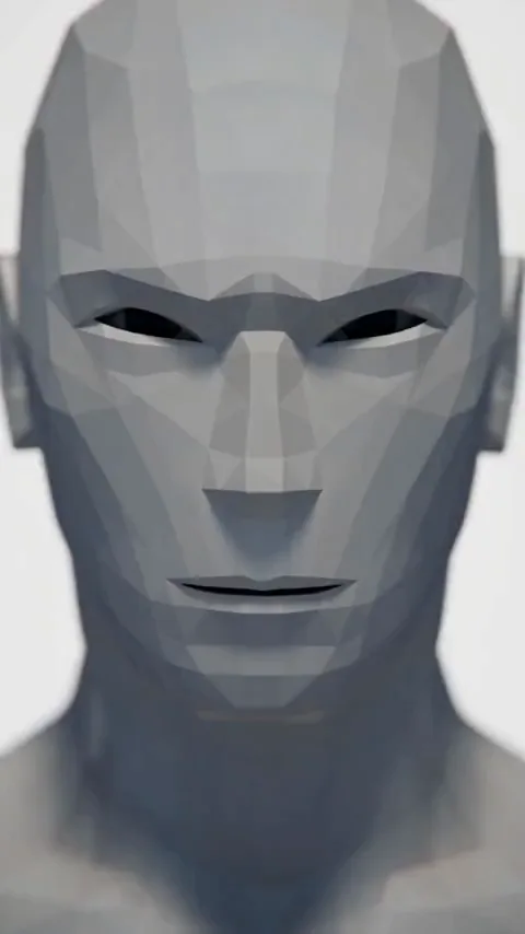 Un maniquí low-poly gris sencillo sobre un fondo blanco, filmado por una cámara que comienza en su cara, se aleja, sube por encima, gira detrás y vuelve a su cara