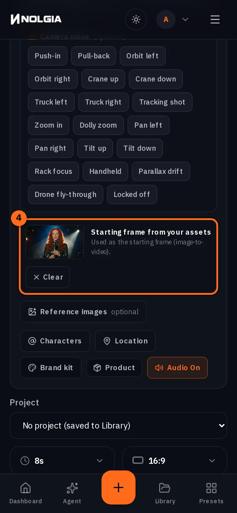 Lo stesso compositore su un telefono, scorrato fino all'immagine fissa della cantante come fotogramma iniziale con il suo pulsante Clear, Reference images, Audio On e i chip di lunghezza e rapporto sotto