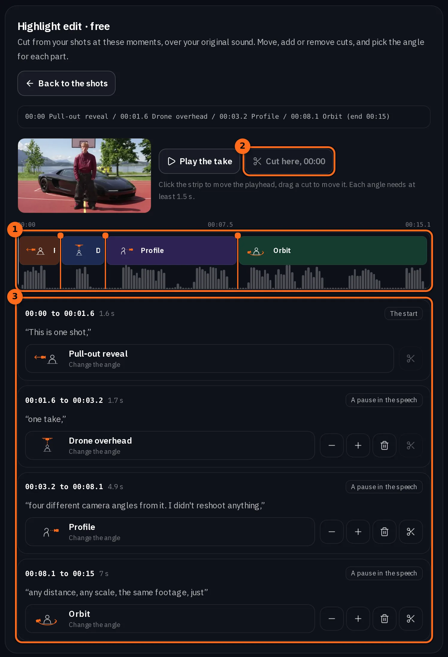 Der Schnitt-Editor: Die Schnitlliste in einer Zeile, der Take mit Take abspielen und Hier schneiden, eine Timeline über dem Ton des Takes mit vier Teilen namens Pull-out reveal, Drone overhead, Profile und Orbit, sowie die vier Teile mit ihren Zeiten, seinen Worten und ihren Winkeln