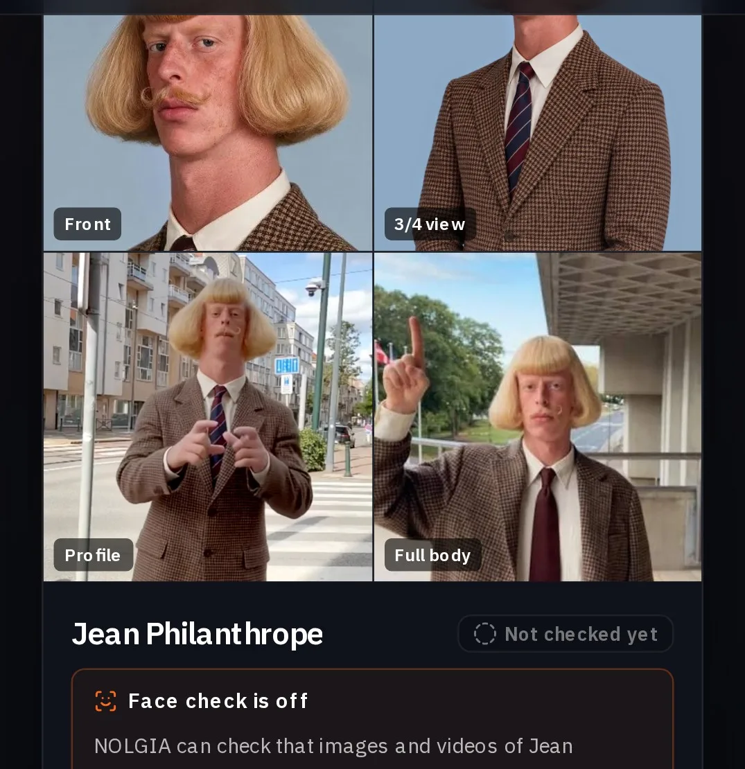 Jean Philanthrope's character card with his photos in the Front, 3/4 view, Profile and Full body slots