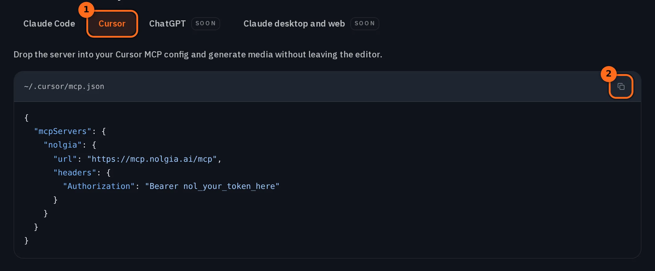 Etapa 2 da página MCP com a aba Cursor selecionada e marcada, mostrando a configuração ~/.cursor/mcp.json com o servidor nolgia, e seu botão de copiar marcado
