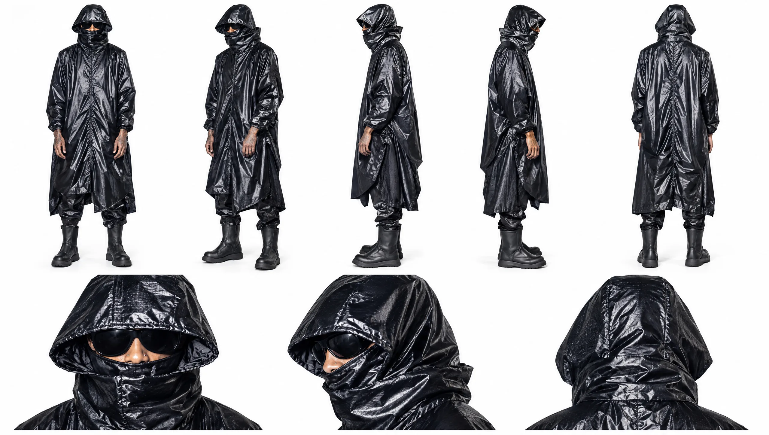 A character sheet on white: one figure in a long glossy black hooded raincoat, black face covering, dark sunglasses, loose black trousers and chunky black boots, shown from the front, three-quarter, both sides and back, with three close-ups of the hood