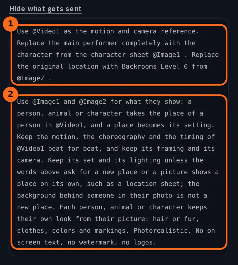The open See what gets sent panel with two numbered marks: the typed lines with @Video1, @Image1 and @Image2, then Miroge's own paragraph, which uses each picture for what it shows, keeps the clip's motion, framing and camera, and keeps its set and lighting unless the words or a location sheet ask for a new place