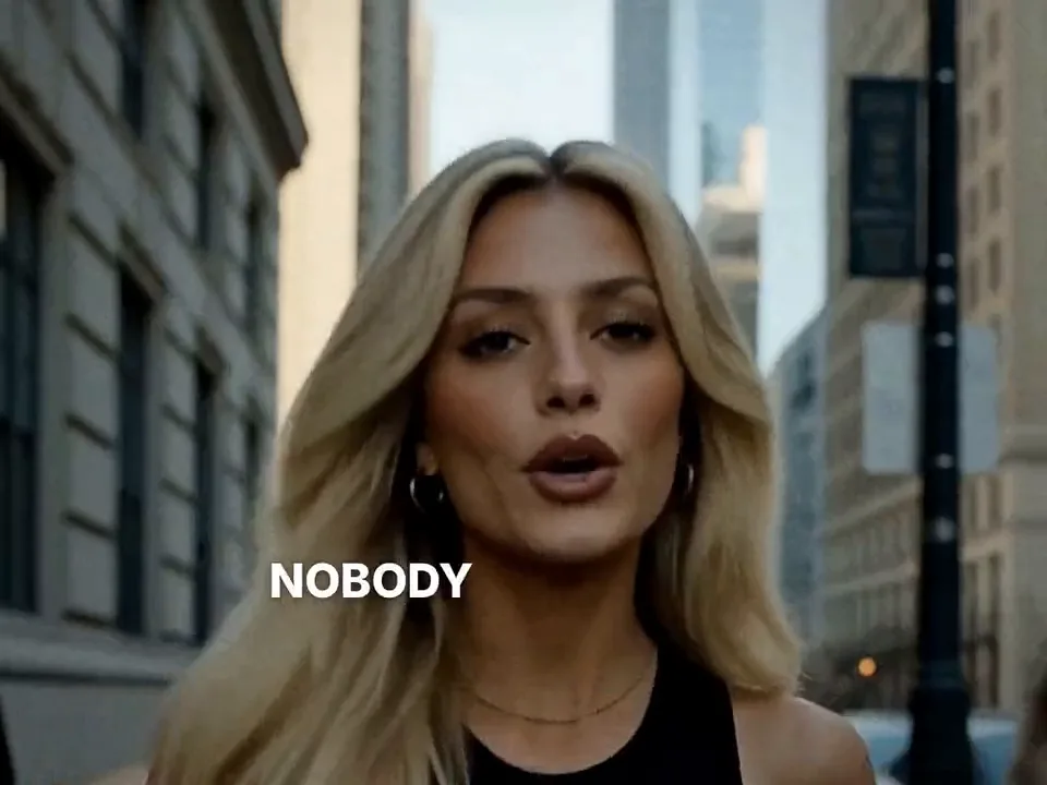 Sienna, an AI character with long blonde hair, speaking to camera in an office, a street, a car and a lobby, with white captions word by word and one orange word per line