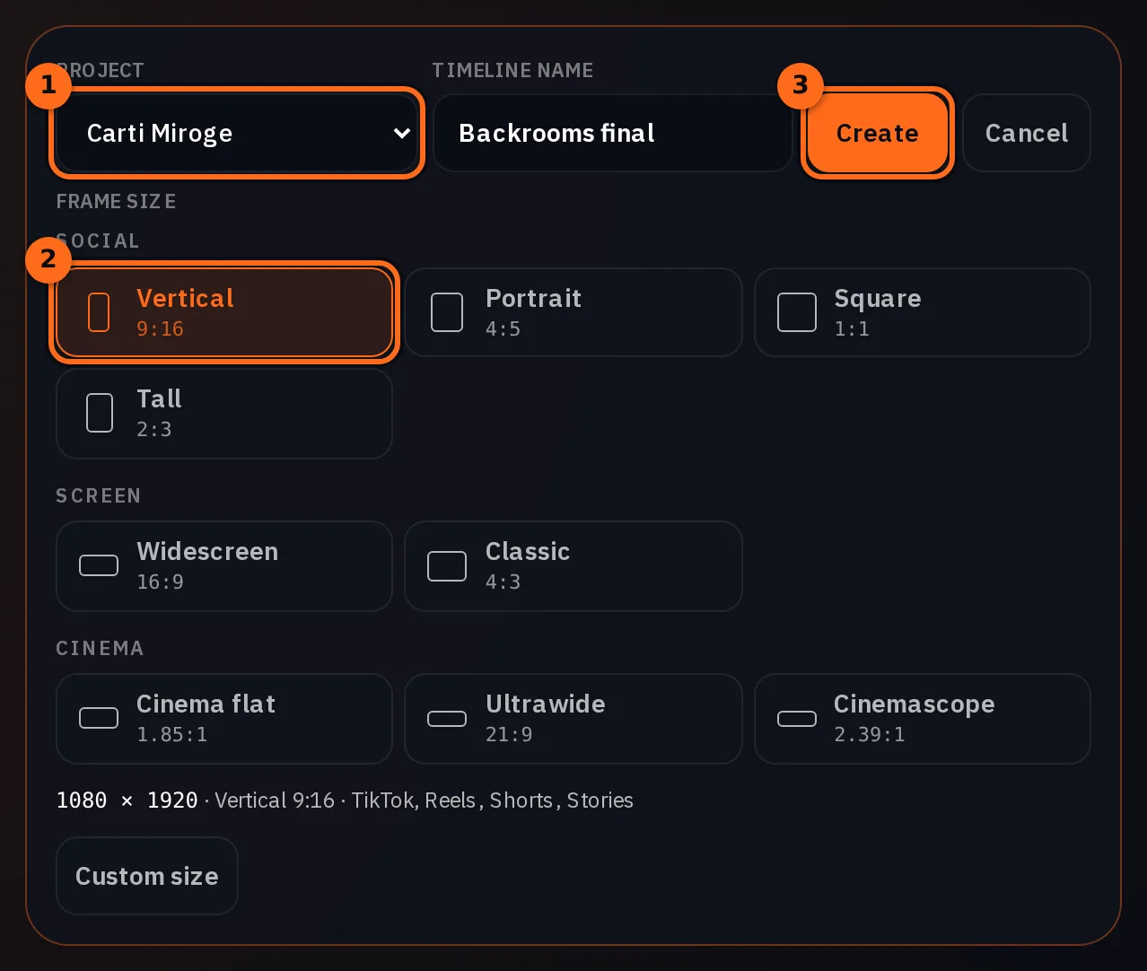 The New timeline form with three numbered marks: the Project menu set to Carti Miroge, the Vertical 9:16 frame size selected among Social, Screen and Cinema sizes, and the Create button; the timeline name reads Backrooms final and the summary reads 1080 by 1920, Vertical 9:16, TikTok, Reels, Shorts, Stories