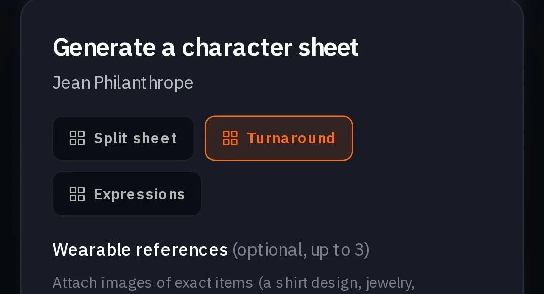 The Generate a character sheet dialog for Jean Philanthrope with Turnaround selected