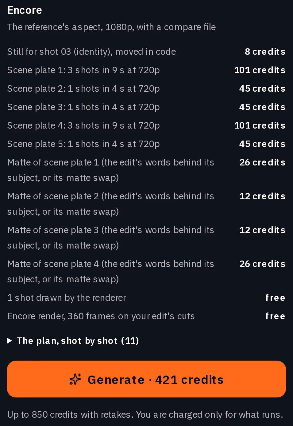 The review step: one line for each scene, still and matte in the plan, and the Generate button with the price on it