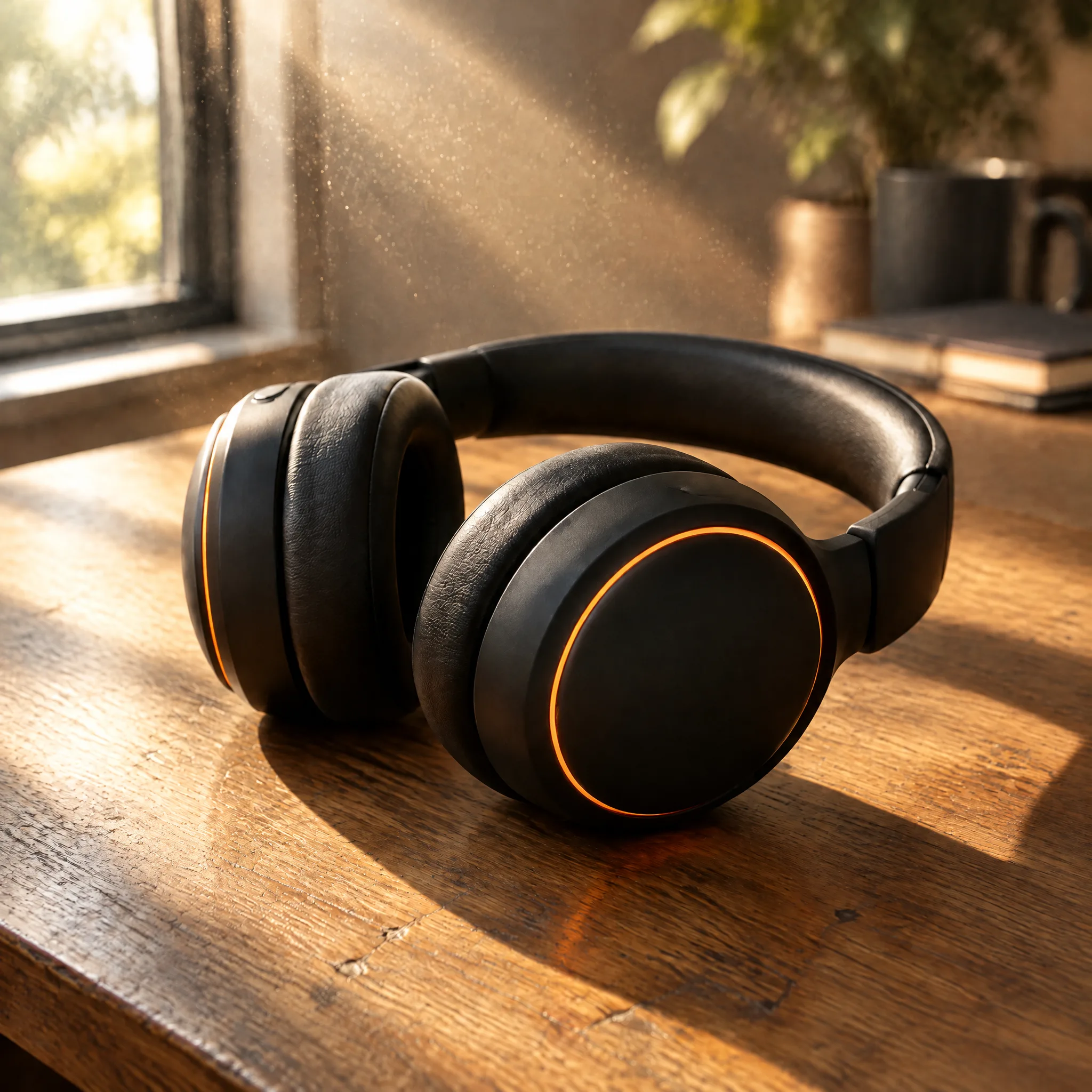 Los auriculares sobre un escritorio de roble en un rayo de luz de la ventana matinal, con polvo flotando en el haz, formato cuadrado.