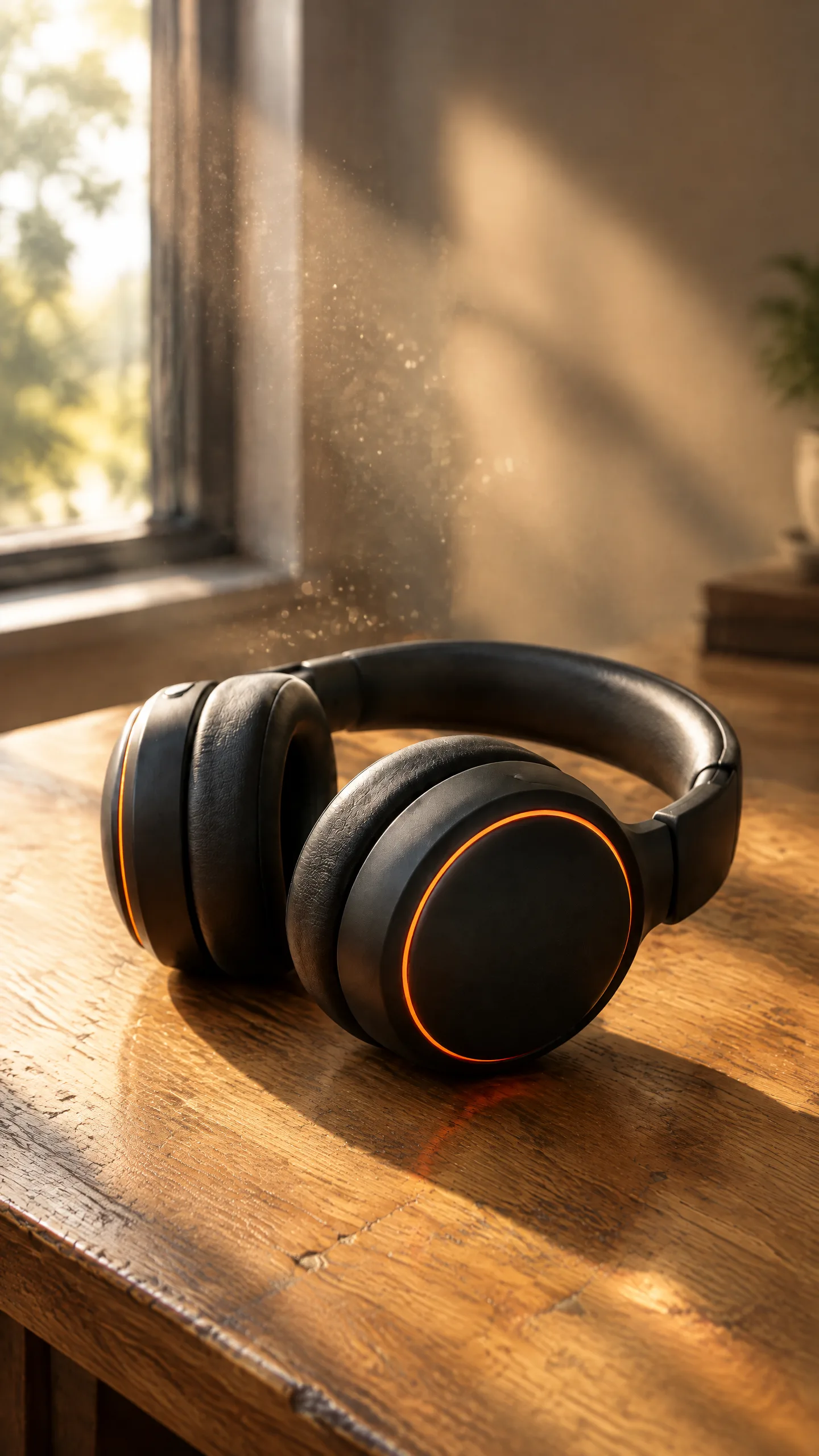 Los auriculares sobre un escritorio de roble en un rayo de luz de la ventana matinal, con polvo flotando en el haz, formato vertical.