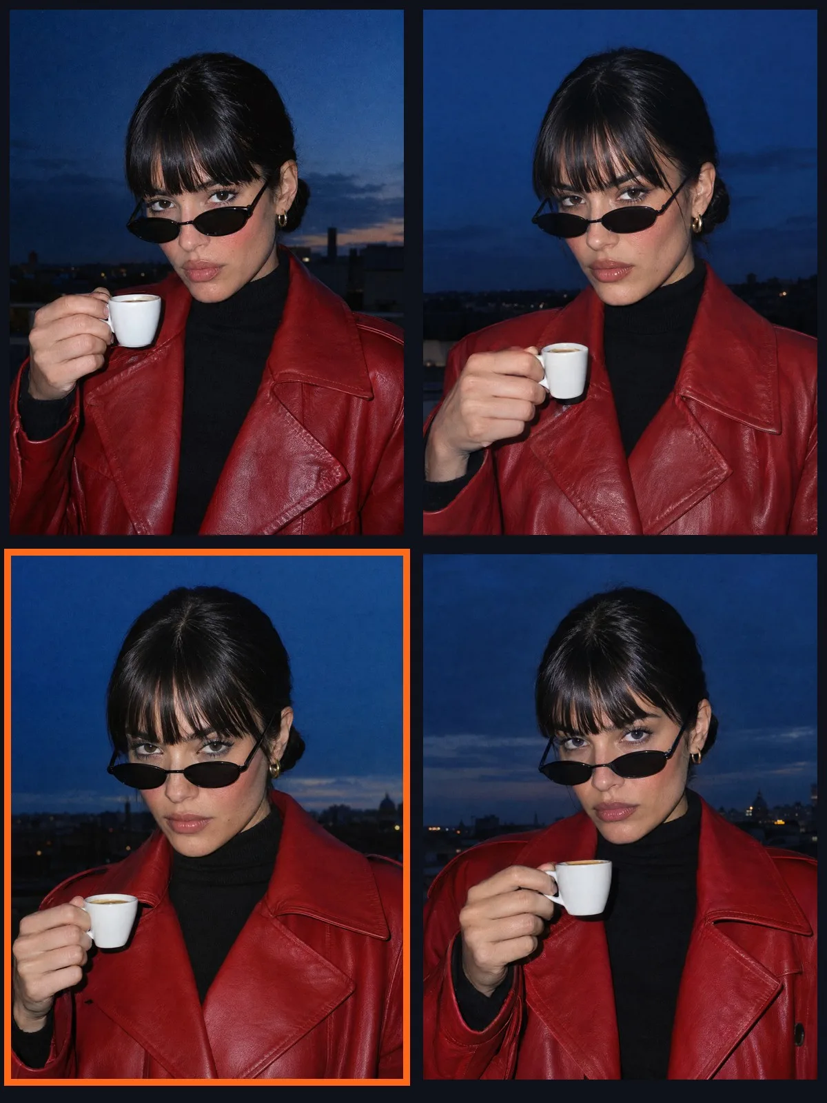 Four portraits of the same new woman with black bangs, oval sunglasses and a red leather trench coat, holding an espresso cup at dusk; the bottom left one is framed in orange