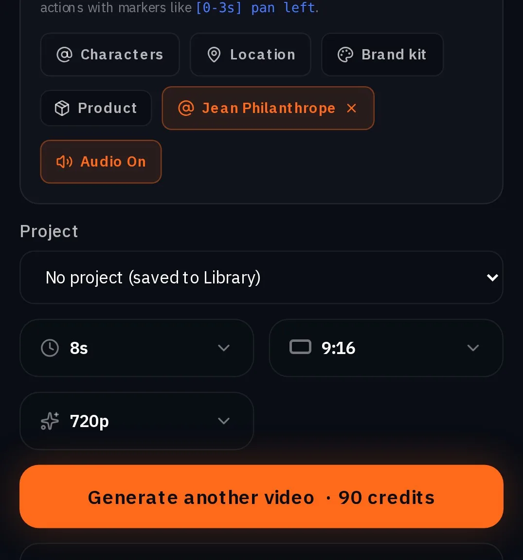 The Create video settings: the Jean Philanthrope chip, 8s, 9:16, 720p and the Generate video button with its price