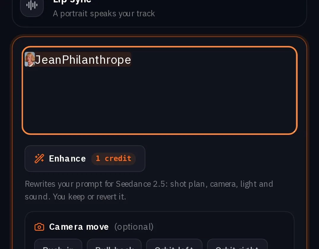 The Create video prompt with the Jean Philanthrope character chip