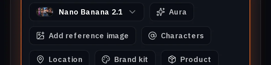 A linha do compositor: Nano Banana 2.1, Aura, Adicionar imagem de referência, Personagens, Locação, Kit de marca e Produto
